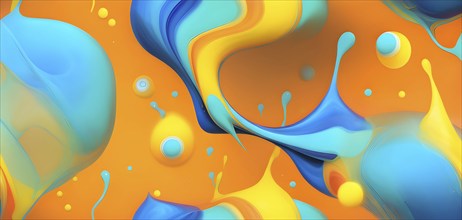 Abstract wallpaper with colorful turquoise and yellow blobs and liquid shapes on a orange