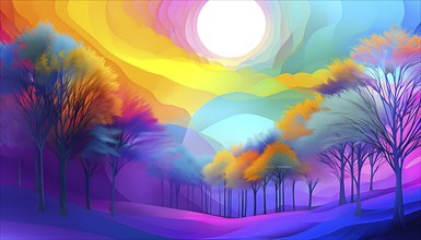 Vibrant depiction wallpaper illustration of trees in transition between autumn and winter, AI