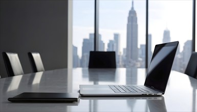 Meeting table with laptop, AI generated