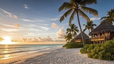 Sunrise at a caribbean coast real estate beach resort with tropical palms, AI generated