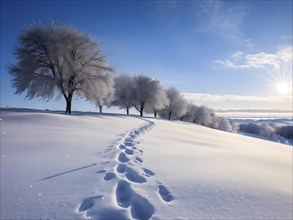 Footprints in fresh snow on a hill with a row of trees in winter, AI generated