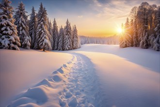 Footprints in fresh snow on a hill with a row of trees in winter in golden sunrise light, AI