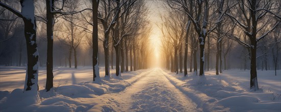 Snow covered tree avenue in warm golden evening light, AI generated