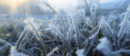 A detailed close-up of frost patterns on blades of grass on a meadow, AI generated