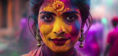 Indian woman colored face portrait during Holi Hindu festival, AI generated