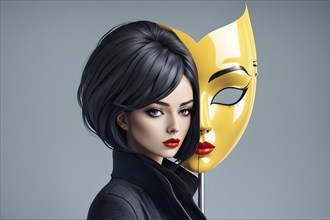 Thoughtful woman besides oversized female mask, AI generated