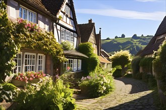 Traditional half timbered house nestled within the heart of a picturesque village in golden hour