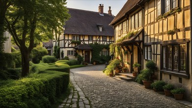 Traditional half timbered house nestled within the heart of a picturesque village in golden hour