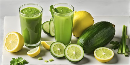 Bottle of vibrant green detox juice surrounded by green fruit and vegetables, AI generated