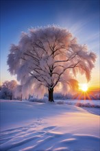 Serene winter landscape with a snow covered tree and a vibrant sunrise, AI generated