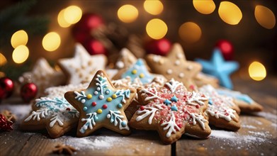 A detailed shot of Christmas cookies on a wooden table, featuring star-shaped cookies with colorful