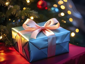 Close-up of a beautifully wrapped Christmas gift with a satin ribbon, set under a glowing Christmas