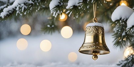 Vintage Christmas bell ornament hanging on a snow-dusted evergreen branch, capturing the intricate