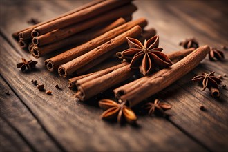 Christmas spices like cinnamon sticks, star anise, and cloves arranged on a wooden table, with soft