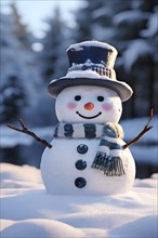 Snowman in an idylic winter landscape, snow covered trees, golden hour light of sunrise, AI