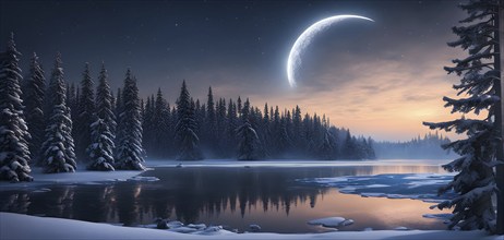 Tranquil winter night scene with a crescent moon and stars shining brightly over a frozen lake,