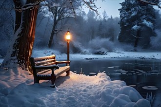 Frozen pond surrounded by snow-covered trees, with a wooden bench and lamppost nearby, softly