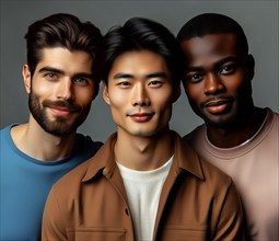 Three men of different ethnicities, a European, an Asian and an African in portrait, AI generated,