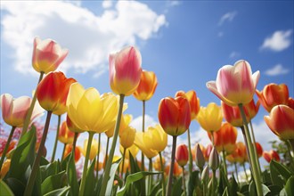 Yellow and red tulip spring flowers in front of blue sky. KI generiert, generiert AI generated