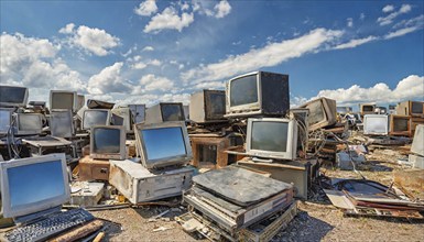 Symbolism, large junkyard with old computer screens, AI-generated, AI-generated, AI generated