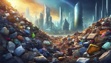 Symbolism, Futuristic, City suffocating in rubbish, AI-generated, AI-generated, AI generated