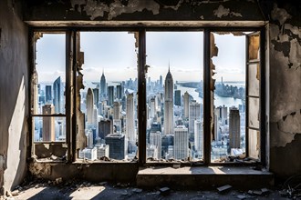 View from inside looking out through a broken window framing the contrast lost and modern, AI