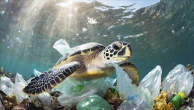 Symbolism, waste problem, plastic waste drifting in the sea and endangering animals, sea turtle,