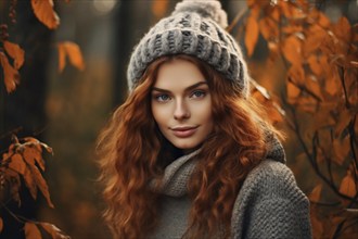 Portrait of beuatiful woman with long red hair and knitted hat in autumn forest. KI generiert,