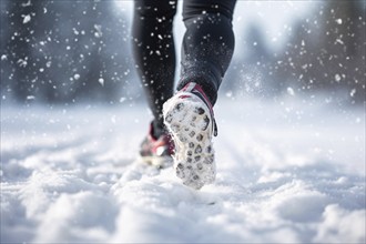 Back view of woman's legs with sport shoes jogging in snow in winter. KI generiert, generiert AI