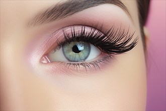 Close up of woman's eye with long black fake lashes and pink eyeshadow. KI generiert, generiert AI