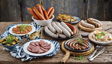 Food, dishes, different types of sausage on a rustic table, AI generated, AI generated