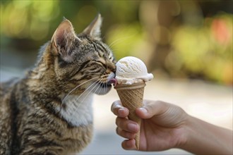 Cat being fed ice cream in cone. KI generiert, generiert, AI generated