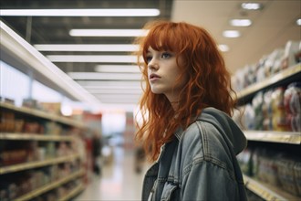 Young woman with red hair in grocery store. KI generiert, generiert, AI generated