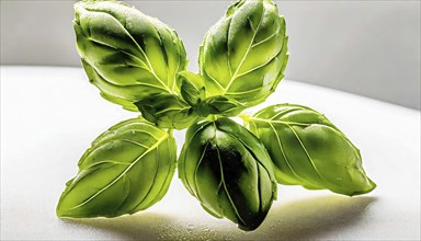 Food, herbs, a sprig of basil in front of a white surface, AI generated, AI generated