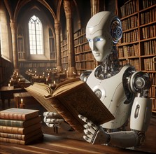 A humanoid robot reads historical old books in a library, AI generated, AI generated