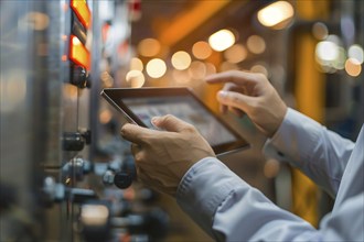 Hands holding smart industry control tablet with blurry machine in background. KI generiert,