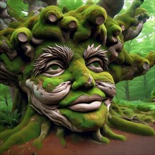 Tree face, a tree overgrown with moss in the shape of a face, botany, AI generated, AI generated