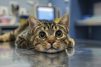 Scared cat on examination table in vet clinic. KI generiert, generiert, AI generated