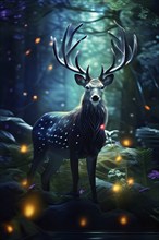 AI generated wildlife image of a morphing deer in a mystic forest enhanced with digital art