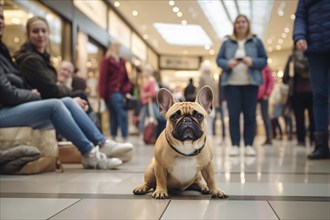 French Bulldog dog sitting in shopping mall full of people. KI generiert, generiert, AI generated