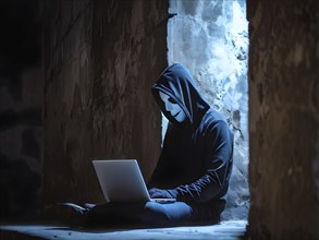 AI generated hooded man clutching a laptop symbolizing cyber criminality