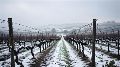 AI generated winter in the vineyard with snow blankets dormant vines and ambient light