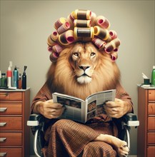 A maned lion with curlers in its mane in the hairdressing salon, AI generated, AI generated