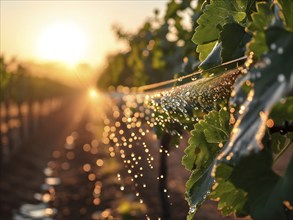 AI generated active vineyard irrigation system bathing under the blazing summer sunlight