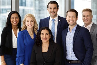 AI generated group of smiling business professionals in an office environment