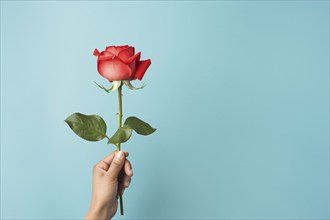 Hand holding single red rose on blue background. KI generiert, generiert, AI generated