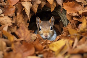 Cute brown squirrel hiding in nest surrounded by autumn leaves. KI generiert, generiert AI