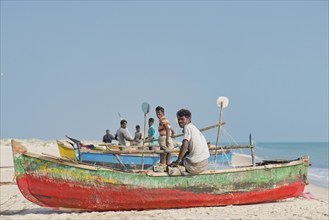 Fishermen, fishing boats, beach at Adam's Bridge, Rameswaram Island, near Rameshwaram or