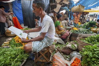 Vendor reading newspaper, fruit, vegetable and flower market, Howrah Bridge, Kolkata or Calcutta,