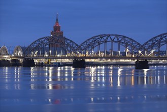 Academy of Sciences, Central Market, railway bridge over the Daugava, morning mood, blue hour,